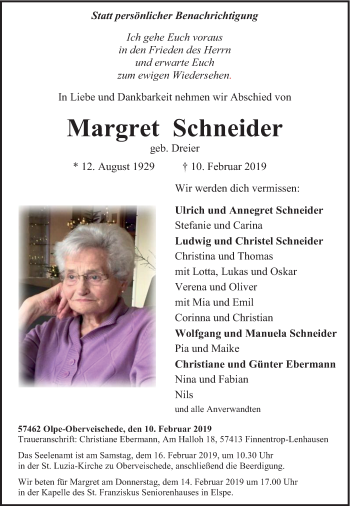 Traueranzeige von Margret Schneider von HSK