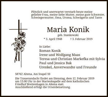 Traueranzeige von Maria Konik von MZV