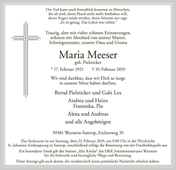Traueranzeige von Maria Meeser von MZV