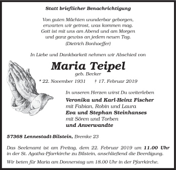 Traueranzeige von Maria Teipel von HSK