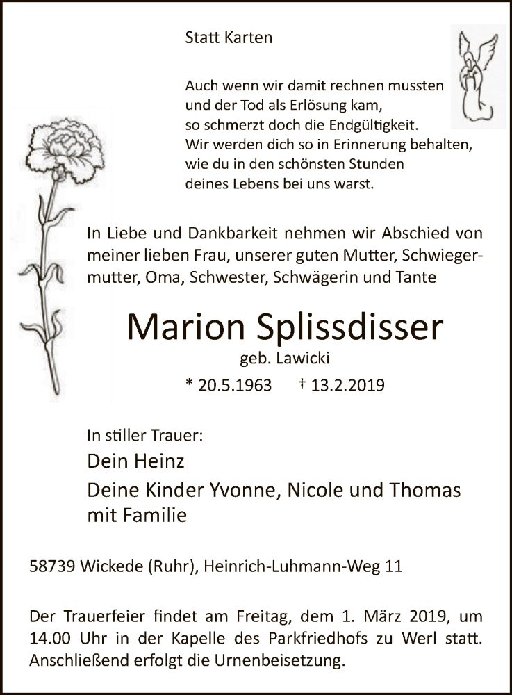 Traueranzeige für Marion Splissdisser vom 16.02.2019 aus MZV
