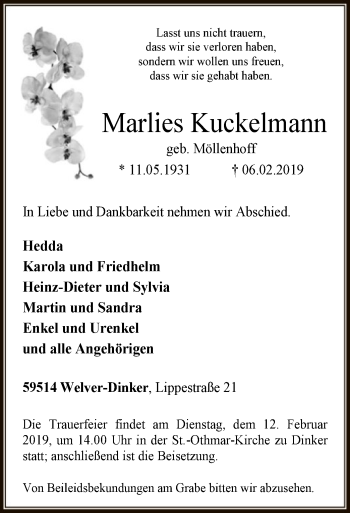 Traueranzeige von Marlies Kuckelmann von MZV