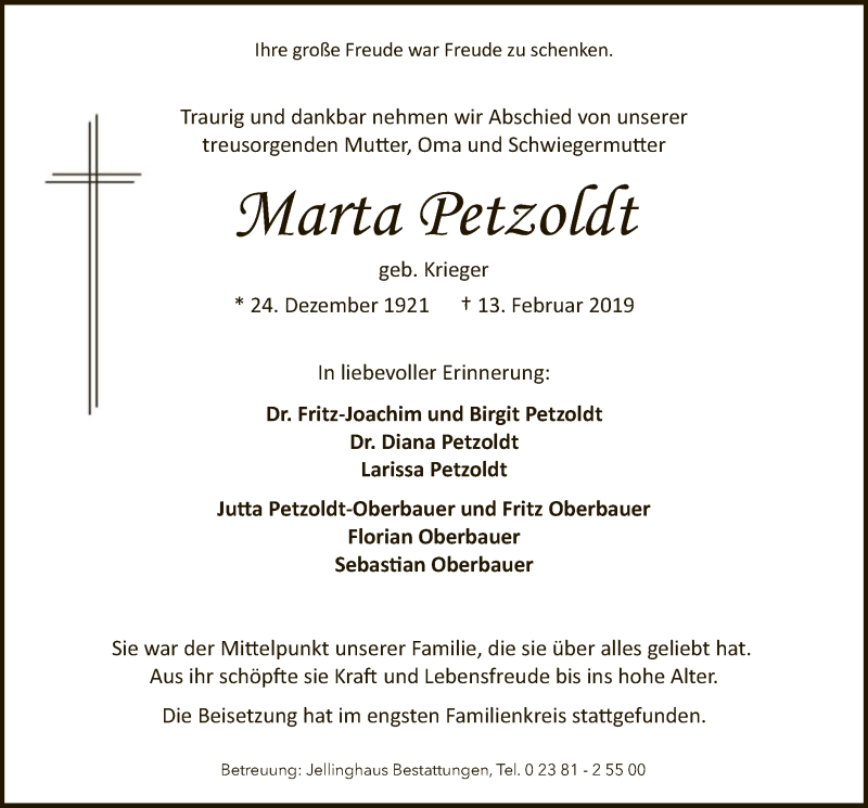  Traueranzeige für Marta Petzoldt vom 23.02.2019 aus MZV