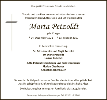 Traueranzeige von Marta Petzoldt von MZV