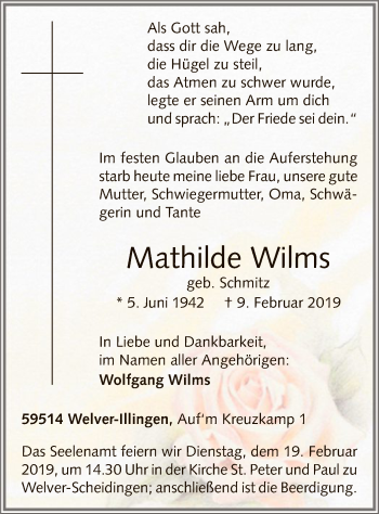Traueranzeige von Mathilde Wilms von MZV