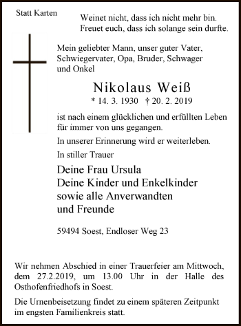 Traueranzeige von Nikolaus Weiß von MZV