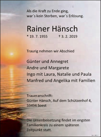 Traueranzeige von Rainer Hänsch von MZV
