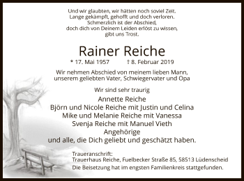 Traueranzeige von Rainer Reiche von MZV