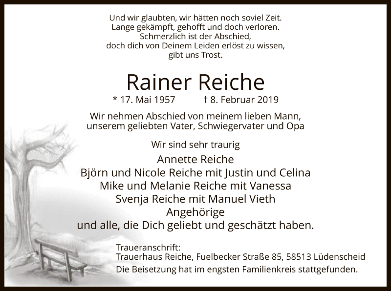  Traueranzeige für Rainer Reiche vom 23.02.2019 aus MZV