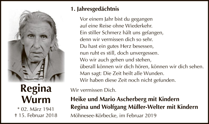  Traueranzeige für Regina Wurm vom 15.02.2019 aus MZV