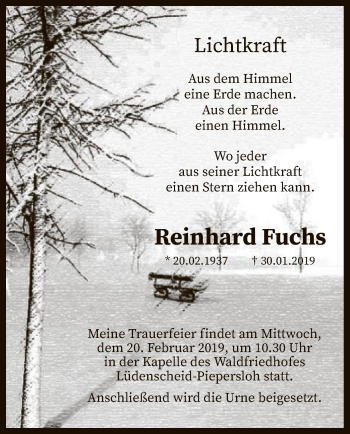 Traueranzeige von Reinhard Fuchs von MZV