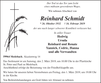 Traueranzeige von Reinhard Schmidt von HSK