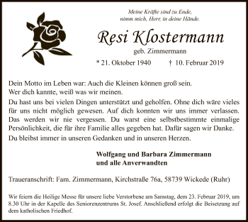 Traueranzeige von Resi Klostermann von MZV