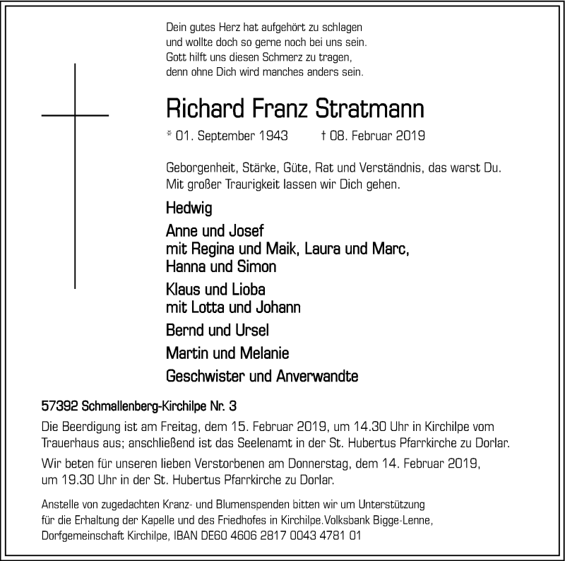  Traueranzeige für Richard Franz Stratmann vom 13.02.2019 aus HSK