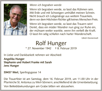 Traueranzeige von Rolf Hunger von MZV