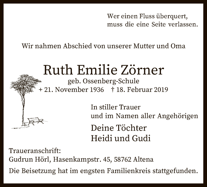  Traueranzeige für Ruth Emilie Zörner vom 22.02.2019 aus MZV