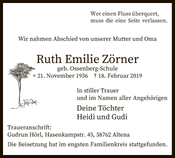 Traueranzeige von Ruth Emilie Zörner von MZV
