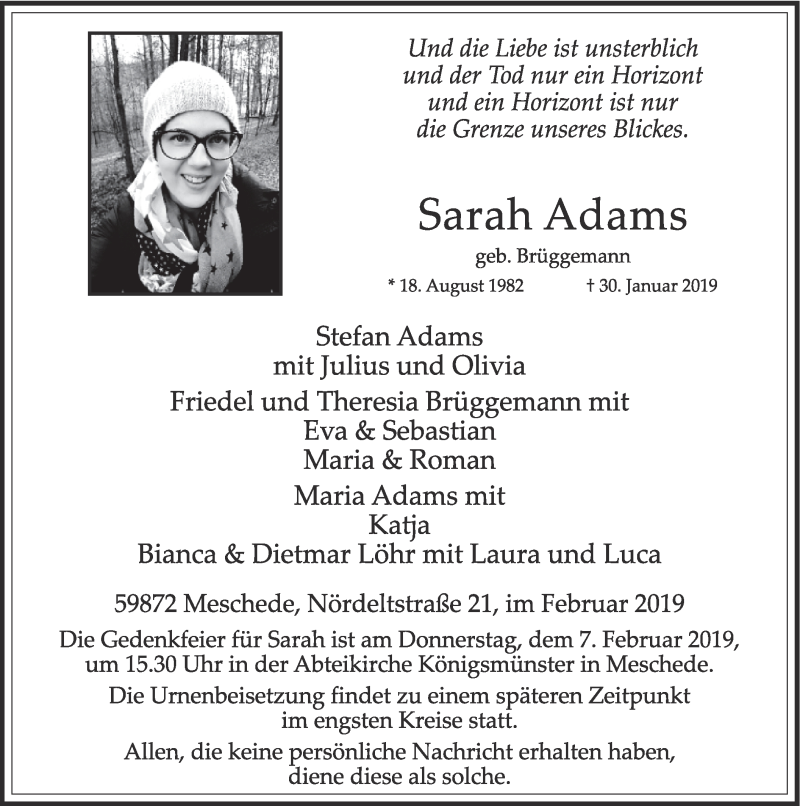  Traueranzeige für Sarah Adams vom 02.02.2019 aus HSK