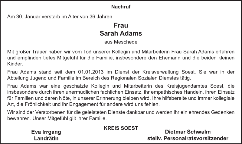  Traueranzeige für Sarah Adams vom 09.02.2019 aus HSK