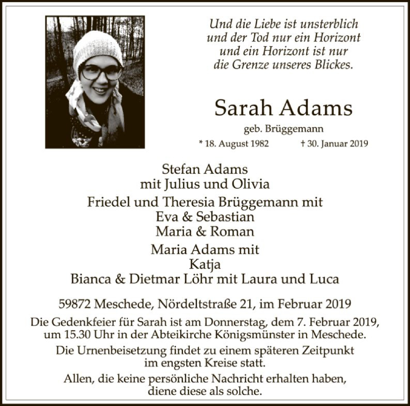  Traueranzeige für Sarah Adams vom 02.02.2019 aus MZV