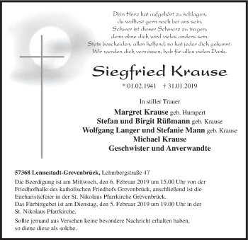 Traueranzeige von Siegfried Krause von HSK