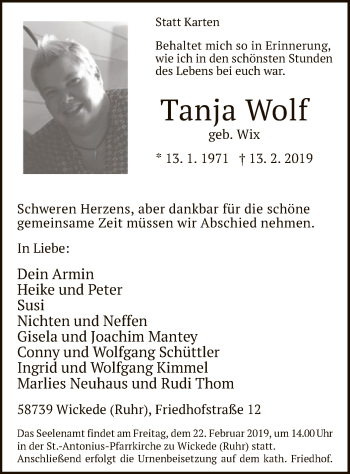 Traueranzeige von Tanja Wolf von MZV