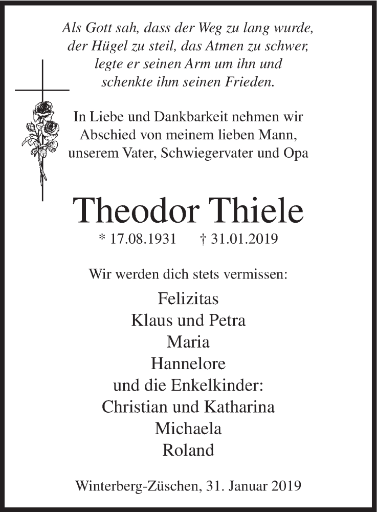  Traueranzeige für Theodor Thiele vom 02.02.2019 aus HSK