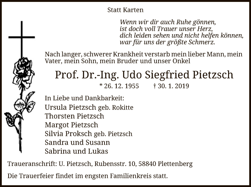  Traueranzeige für Udo Siegfried Pietzsch vom 01.02.2019 aus MZV