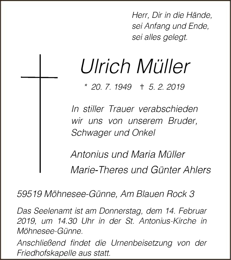  Traueranzeige für Ulrich Müller vom 08.02.2019 aus MZV