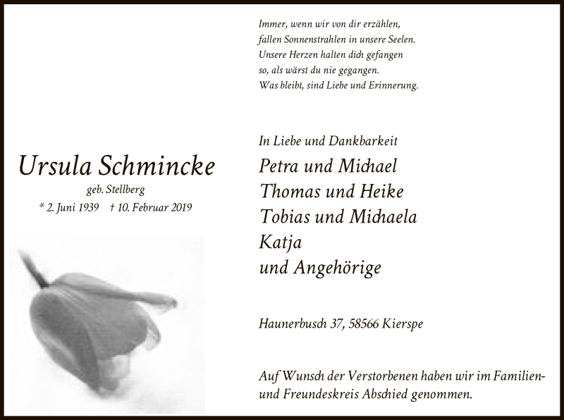  Traueranzeige für Ursula Schmincke vom 22.02.2019 aus MZV