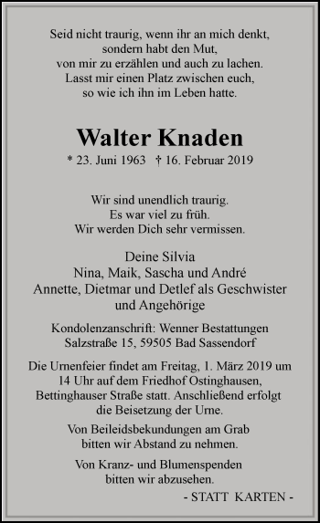 Traueranzeige von Walter Knaden von MZV
