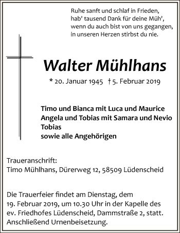 Traueranzeige von Walter Mühlhans von MZV