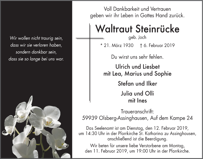  Traueranzeige für Waltraut Steinrücke vom 09.02.2019 aus HSK