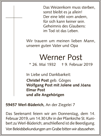 Traueranzeige von Werner Post von MZV