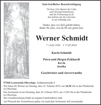 Traueranzeige von Werner Schmidt von HSK
