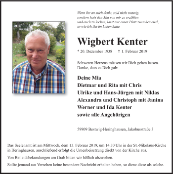 Traueranzeige von Wigbert Kenter von HSK
