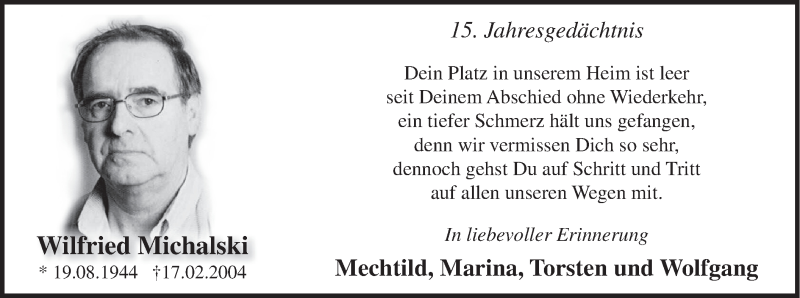  Traueranzeige für Wilfried Michalski vom 16.02.2019 aus HSK