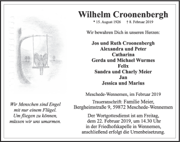 Traueranzeige von Wilhelm Croonenbergh von HSK