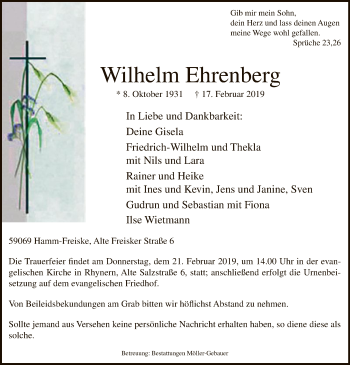 Traueranzeige von Wilhelm Ehrenberg, von MZV