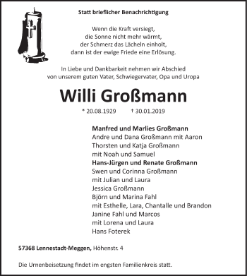 Traueranzeige von Willi Großmann von HSK