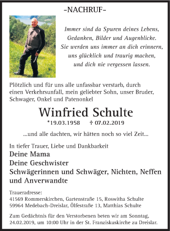 Traueranzeige von Winfried Schulte von HSK