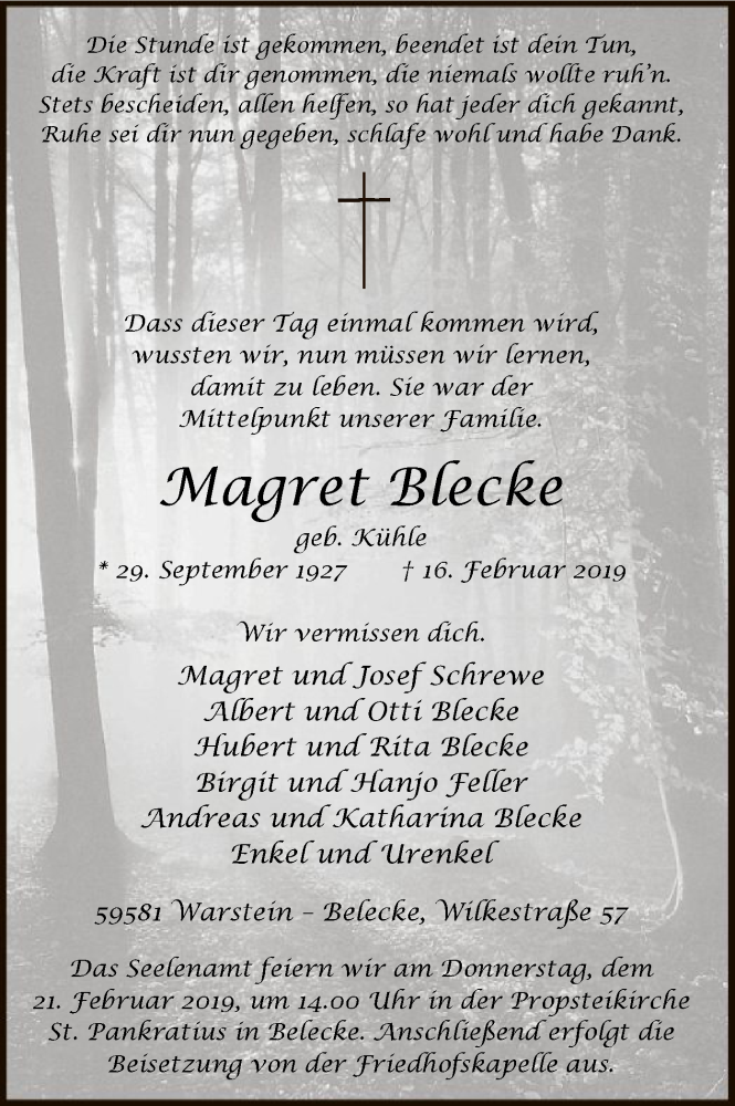  Traueranzeige für Wlagret Blecke vom 19.02.2019 aus MZV