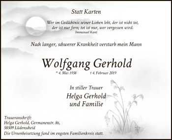 Traueranzeige von Wolfgang Gerhold von MZV