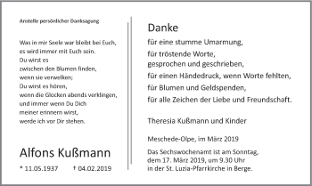 Traueranzeige von Alfons Kußmann von HSK