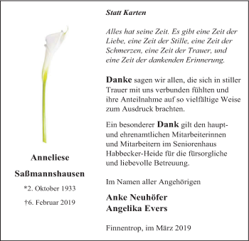 Traueranzeige von Anneliese Saßmannshausen von HSK