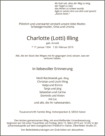 Traueranzeige von Charlotte Illing von MZV
