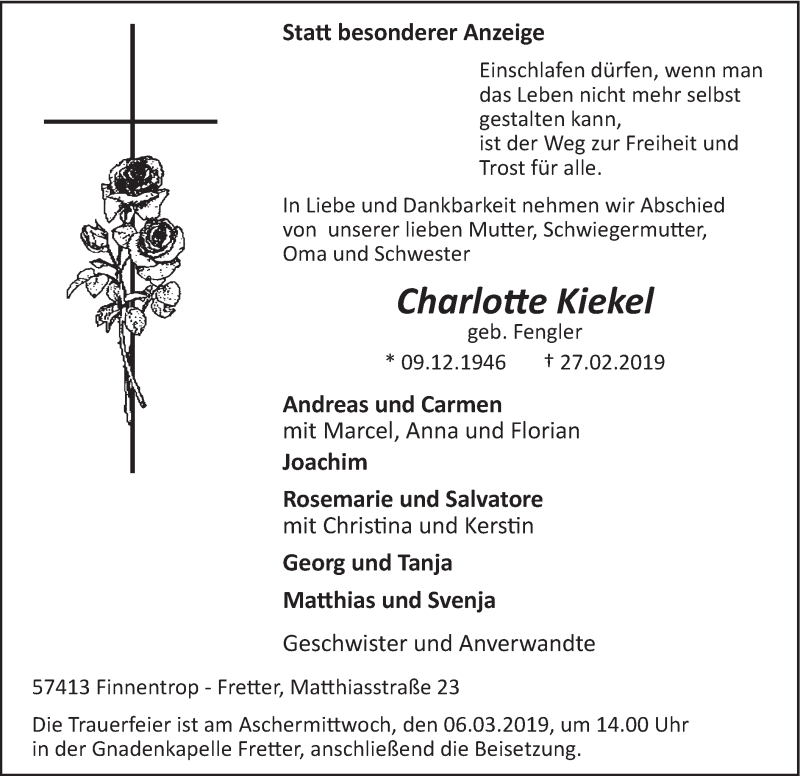  Traueranzeige für Charlotte Kiekel vom 02.03.2019 aus HSK