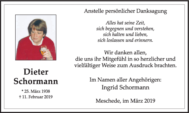  Traueranzeige für Dieter Schormann vom 16.03.2019 aus HSK