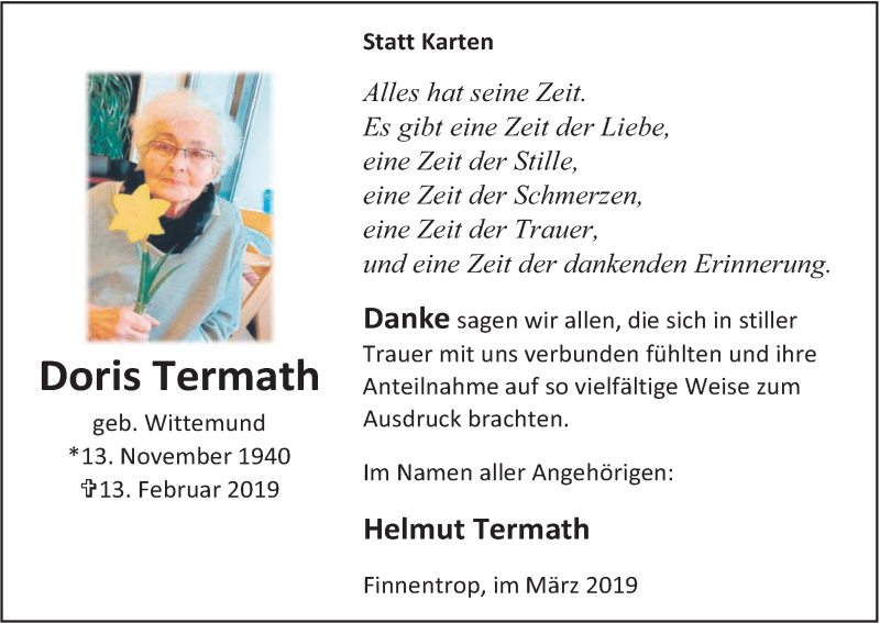  Traueranzeige für Doris Termath vom 23.03.2019 aus HSK