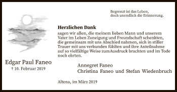 Traueranzeige von Edgar Paul Faneo von MZV